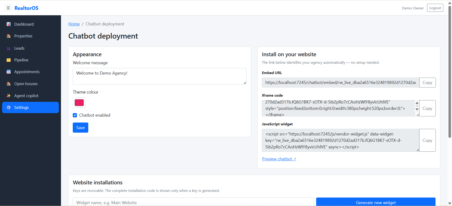 Chatbot deployment settings with embeddable widget code