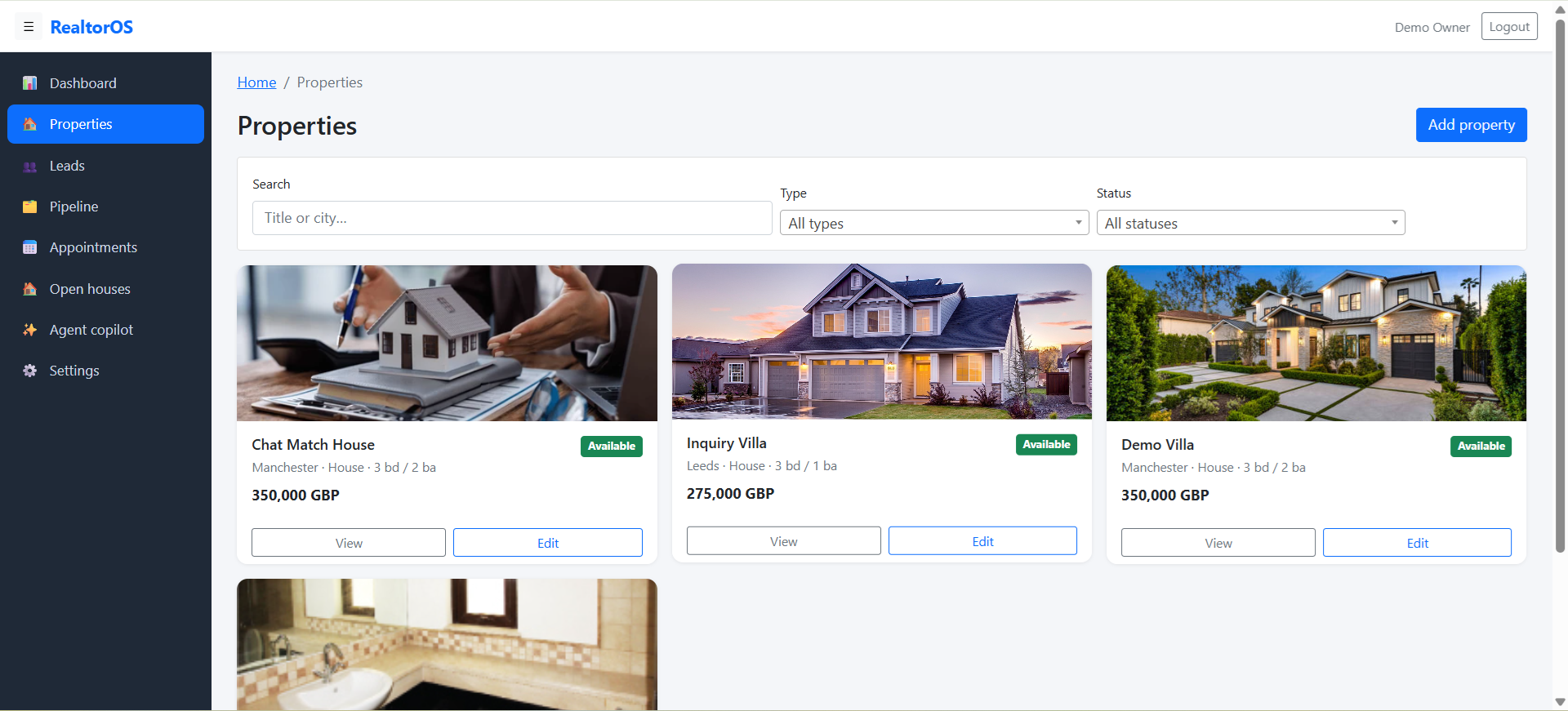 Property management with search, status filters and listing cards